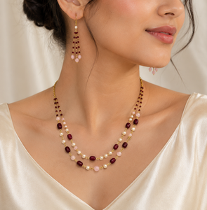 Conjunto de Collar de Perlas de Agua Dulce y Granate con Cadena Chapada en Oro de 14K y Pendientes Colgantes a Juego, Regalo para Fiesta - Product Image 1