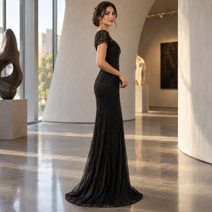 Women's Black Beaded Sequin Mermaid <b>Evening</b> <b>Dress</b> | Sheer Sleeve Floor Length Formal Gown Elegant Party <b>Wedding</b> Guest <b>Dress</b> Gown - Product Image 2