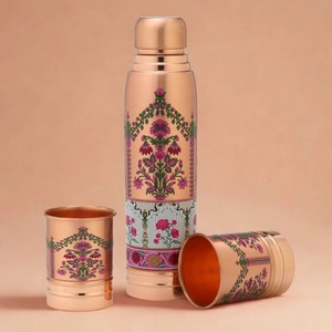 Floral Printed Copper Water Bottle and Tumbler Set Handmade <b>Drinkware</b> Designer Copper Bottle Set with Traditional Floral Print - Product Image 1