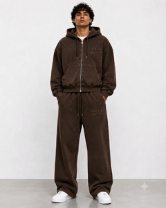 Ensemble de survêtement Vocksin marron surdimensionné avec sweat à capuche zippé pour homme, en coton épais de qualité supérieure, coupe large, idéal pour l'hiver - Product Image 1