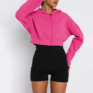 Sudadera con capucha extragrande de hombros caídos, 100% algodón, top corto con cremallera para gimnasio, para mujer, estilo casual, para exteriores y streetwear - Product Image 3