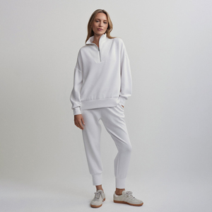 Sudaderas con capucha para mujer al por mayor OEM, mezcla de poliéster/algodón, con logotipo personalizado bordado, media cremallera, lisas, con cremallera de cuarto, para otoño/invierno - Product Image 3