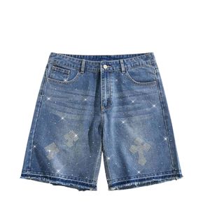 Custom Mens Double Layer Plaid <b>Waist</b> Denim Shorts Rhinestones Cross Graphics Goth Y2K Streetwear Washed Baggy <b>Jeans</b> Jorts Shorts - Product Image 6