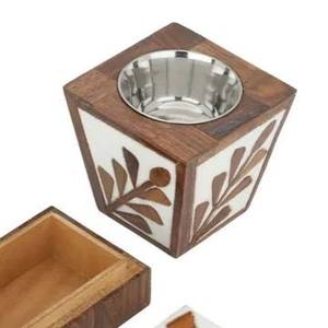 Floral Wood Inlay Incense Burner Set Bulk Luxury Mango Wood Bakhoor Censer with White Resin Inlay <b>Matching</b> Storage <b>Box</b> and Tray - Product Image 5