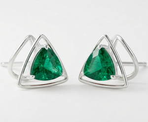Green Trillion Cut Rhodium Plated <b>Silver</b> <b>Stud</b> <b>Earrings</b> Emerald Stones Geometric Threader Design for Women's Anniversary Party - Product Image 1