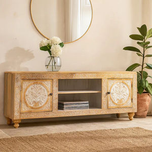 Mueble de TV de Madera Maciza Moderno y de Lujo con Cajones, Trabajo Artesanal Ecológico Premium, Tallado a Mano - Product Image 1