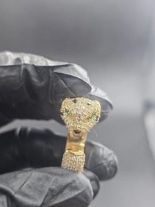 แหวนมอยส์ซาไนต์รูปหัวเสือดำตาสีเขียว ชุบทอง 14K เงินแท้ 925 สไตล์ฮิปฮอปแร็ปเปอร์ เครื่องประดับหรูสำหรับผู้ชาย - Product Image 2