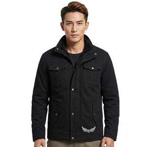 <b>Men's</b> Black Sporty <b>Long</b> <b>Jacket</b> with Zipper Turn-down Collar Regular Fit Solid Color Front Logo Lower Hem - Product Image 2