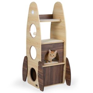 Tiragraffi per Gatti a 4 Livelli a Forma di Razzo con Cuccia a 2 Livelli, Tiragraffi in Sisal e Pompon Appesi (Naturale+Bianco) - Product Image 1