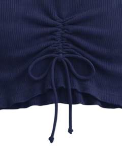 Débardeur court côtelé bleu marine à col montant sans manches avec cordon de serrage ajustable et fronces sur le devant, coupe ajustée pour femme, tenue décontractée - Product Image 5