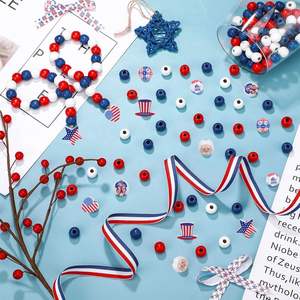 180pcs 4th July Wood <b>Beads</b> Blue Red White Stars Heart Shape Spacer DIY <b>Bracelet</b> Making Farmhouse Polished - Product Image 4