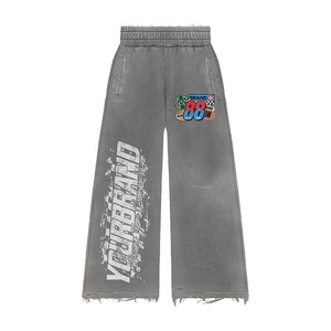 New Arrival Men's French Terry 100% Organic Cotton Quick Dry Screen Printed Baggy Zip Vintage Washed Hoodie Wide Leg Pants OEM - Product Image 5