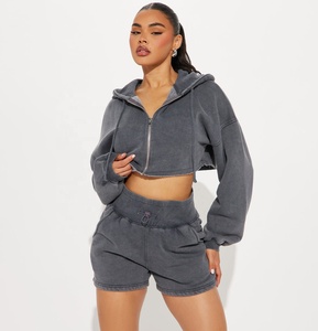 Women's Oversized <b>Cropped</b> <b>Zip</b>-<b>up</b> Hoodie Washed Solid Gray 100% Cotton 450GSM Knitted Sweatshirt Shorts Autumn Wear - Product Image 1