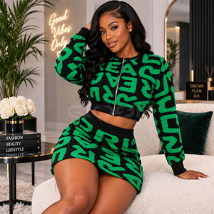 Cosh International Sisterhood Sorority Knitted Two Piece Set Green <b>Black</b> Letter Print Zipper <b>Top</b> Mini <b>Skirt</b> Streetwear Casual - Product Image 4