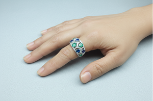 Anillo de Esmeralda y Zafiro Azul con Diamantes Redondos para Mujer, Diamantes Naturales y Cultivados en Laboratorio - Product Image 5