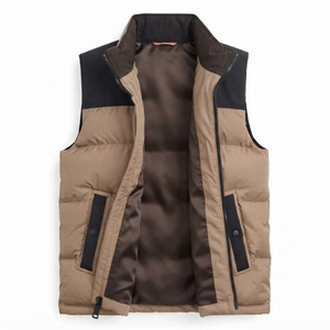 Men's Brown <b>Puffer</b> <b>Vest</b> With Black Collar And Zipper Closure Windproof Casual Winter <b>Jacket</b> Thick Polyester Filling - Product Image 3
