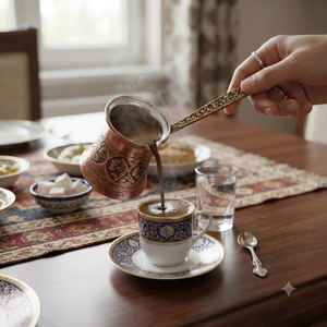 Cezve turque en cuivre à finition antique, gravée avec un médaillon ottoman, pour cuisinière, style grec Briki, avec longue poignée métallique décorative - Product Image 5