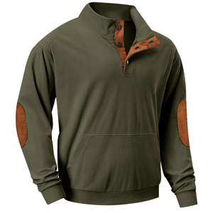Pull à col zippé noir pour homme avec empiècements marron aux coudes et col boutonné, sweat-shirt tricoté décontracté, coupe classique, idéal pour l'automne - Product Image 5