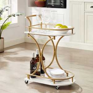 Chariot à bar rectangulaire moderne doré avec cadre circulaire, étagères en marbre, chariot à vin roulant, porte-verres, chariot de service mobile pour boissons - Product Image 3