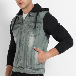 <b>Men's</b> Denim <b>Jacket</b> Hooded Casual Button Up Slim Fit Washed Jean Coat Autumn Outwear Black Sleeve Design - Product Image 1