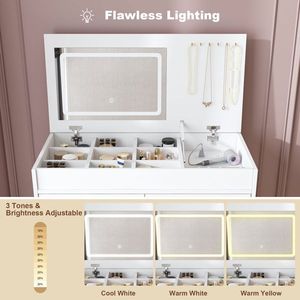 Specchio LED Illuminato con Scrivania per Trucco, 2 Cassetti Ribaltabili, Vano Portaoggetti Aperto, Ganci e Presa Elettrica Integrata - Product Image 4
