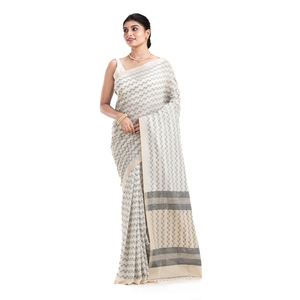 Sari en soie et coton à motif géométrique crème avec bordure grise, tissu Habotai tissé pour femmes, poids moyen, 58/60 pouces - Product Image 2