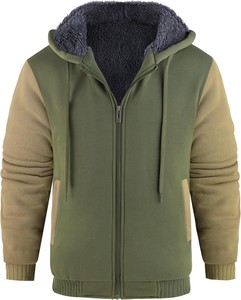 Nueva Sudadera con Capucha para Hombre, de Forro Polar, con Cierre, Color Verde Oliva y Beige, Manga Larga, Color Sólido, Informal, para Invierno, Corte Regular, Resistente al Viento, Tejida - Product Image 1