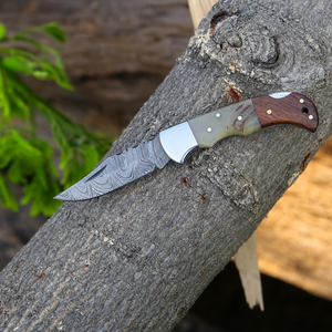Cuchillos Plegables Personalizados Hechos a Mano de Acero de Damasco de Alta Calidad con Punta Caída y Hoja Recta, Mango de Cuerno y Madera de Palisandro, Cuchillo de Bolsillo - Product Image 3