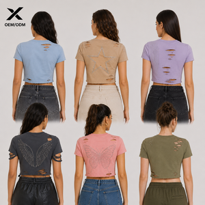 XSC Women's Crop <b>Top</b> Crew Neck <b>Rhinestone</b> Print Cut-Out Design Glitter Pattern Breathable Cotton Fitness Wear Multiple Colors - Product Image 2