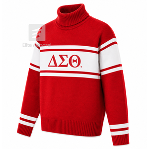 Delta Sigma Personalizado | Suéter de cuello alto con logotipo bordado de la hermandad Theta en la parte delantera, con rayas rojas y blancas, para ropa femenina griega. - Product Image 2