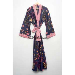 Kimono Tradicional con Estampado Floral 100% Algodón Puro para Mujer, Ropa de Dormir de Verano, Bata Casual para la Playa o la Noche, Cintura Elástica - Product Image 3