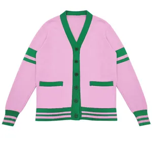 Oem Custom Made Winter Sorority Varsity Women Clothing Vintage Pink Green Cardigan Sweater