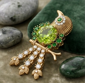 Broche et pendentif de luxe en or 14 carats plaqué rhodium, design oiseau, diamants de laboratoire, pierre précieuse verte pour femmes |   Bijoux fins de créateur - Product Image 3