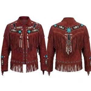 Blouson en daim bordeaux à franges, style western perlé, col rabattu, manches longues, grande taille, chic prairie, automne - Product Image 3