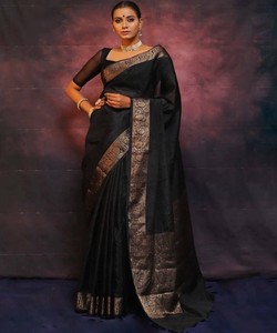 SAREE DE SEDA BANARASI CON TRABAJO DE JACQUARD EN TENDENCIA, CON BLUSA SIN COSTURAR, NEGRO, LARGO HASTA EL SUELO, CAIMIENTO REGULAR, ÉTNICO, PARA BODA - Product Image 3