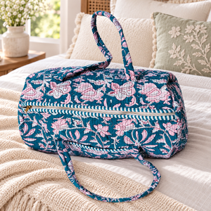 Bolsa de Viaje Acolchada de Algodón Azul Turquesa al por Mayor, Bolsa de Hombro para Fin de Semana con Estampado Botánico Rosa para Mujer - Product Image 6