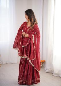 Ensemble de tenue de soirée de luxe avec manches longues, broderies miroir artisanales et sharara assorti pour la distribution en gros - Product Image 6