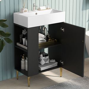 Mobile bagno nero da 21,6 pollici con lavabo singolo in ceramica e mobiletto contenitore laterale sinistro - Product Image 1