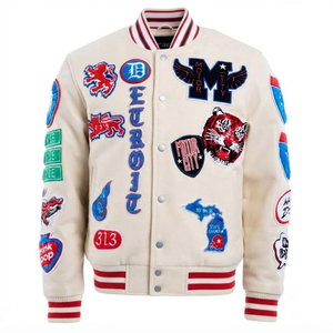 <b>Mens</b> <b>White</b> Varsity <b>Jacket</b> Custom Embroidered Patches Wool And Leather Retro Letterman <b>Jacket</b> Streetwear Vintage Snap Button Coat - Product Image 1