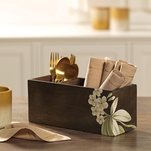 Handcrafted mango wood cutlery holder with floral hand painted design for elegant <b>table</b> organization and stylish kitchen decor - Product Image 1