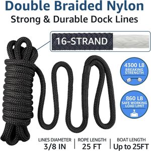 Confezione da 2 Corde da Ormeggio per Barche di Grado Marino ad Alta Resistenza, 3/8'' x 25'', in Nylon a Doppia Treccia con Anello da 12'' per Imbarcazioni - Product Image 3