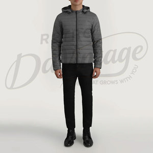 Custom Men Grey Winter <b>Jacket</b> Lightweight Hooded Padded Outerwear Slim Fit Casual Warm Zip Up Puffer <b>Jacket</b> For Men - Product Image 4