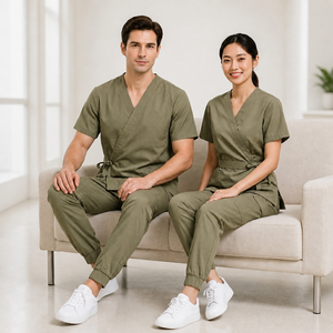 Ensemble de blouses médicales d'hôpital tissées unisexe col en V doux respirant anti-boulochage détection des étrangers en polyester viscose élasthanne uniforme - Product Image 2