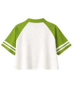 Customized Green And <b>White</b> Women Cropped Polo T <b>Shirt</b> Raglan Sleeve Striped Sleeve Casual Cotton Top Button Placket Summer Tee - Product Image 5