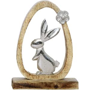 Cadre à œufs en bois artisanal avec sculpture de lapin en métal argenté, décoration de table intérieure pour Pâques et le printemps, ornement décoratif, cadeau - Product Image 1
