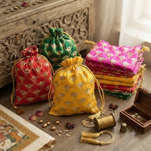 Sacs cadeaux en satin brodé multicolores avec cordon de serrage, pochettes en brocart, pochettes à bijoux, sacs pour cadeaux de fête, sacs pour cadeaux de mariage, sacs Potli - Product Image 5
