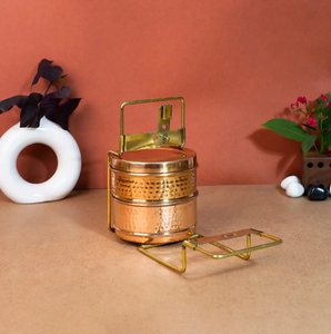 Antique two tier brass tiffin <b>box</b>, vintage lunch <b>box</b> with frame, metal lunch <b>container</b>, available at wholesale prices. - Product Image 1