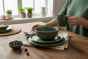 Assiette à dîner en céramique spirale vert forêt, finition brillante, charme rustique, idéale pour les repas quotidiens et les tables élégantes - Product Image 2