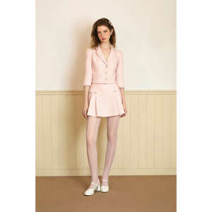 Conjunto de Vestido Mini de Tweed Rosa Pastel Grueso con Cintura Alta, Manga Regular y Solapa con Muescas, Estilo Vietnam Serena KS43 - Product Image 4