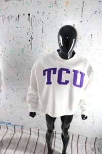 TCU ASH GREY <b>Mock</b> <b>Neck</b> Sweatshirt 100% PURPLE Applique Embroidery wide <b>neck</b> Sweatshirt Finer Threads - Product Image 4